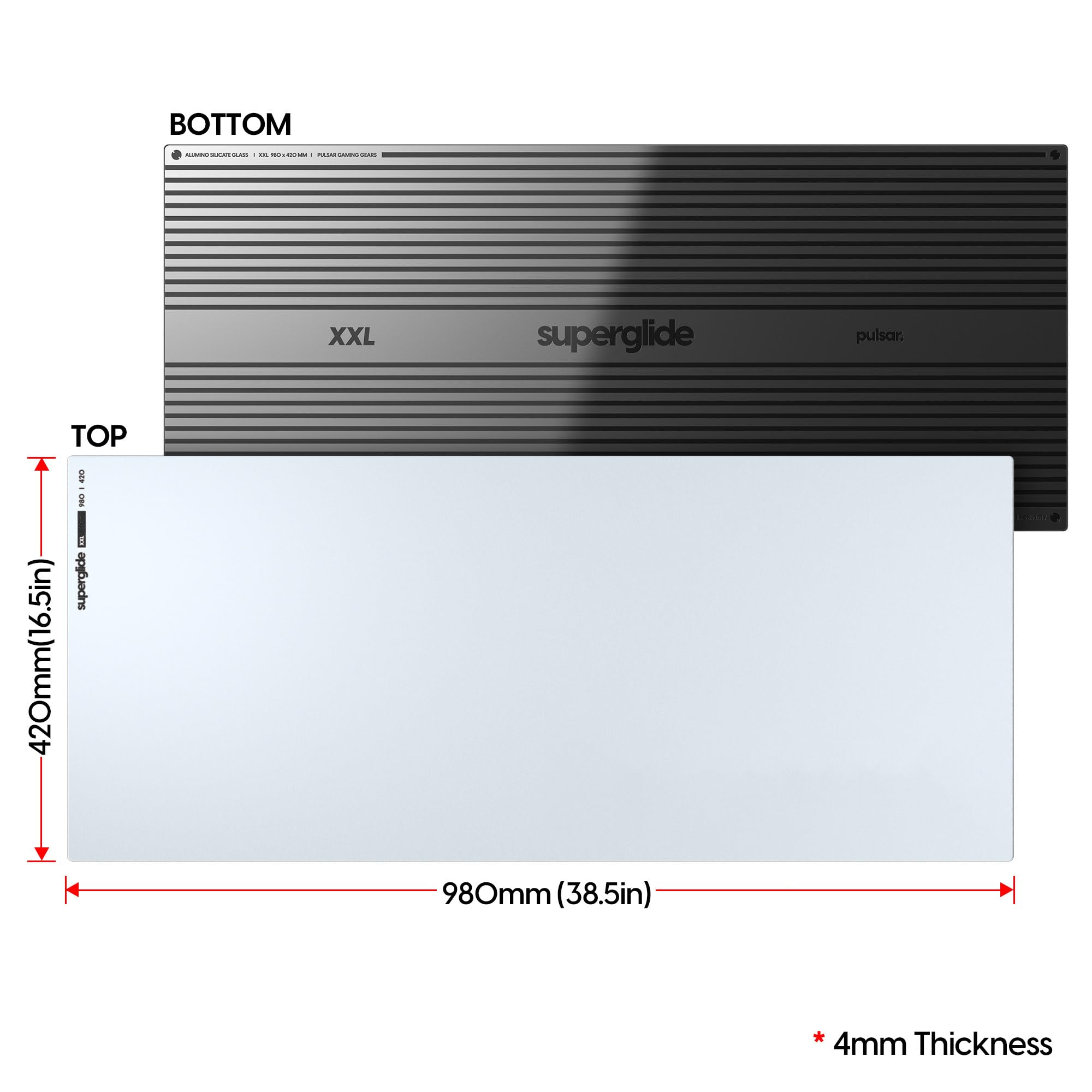 Pulsar - Superglide Premium Glass Mouse Pad XXL ALUMINO-Silicate Glass Surface Anti-Slip Fully Molded high-Density Silicone Rubber 38.5in x 16.5in (XXL, White)