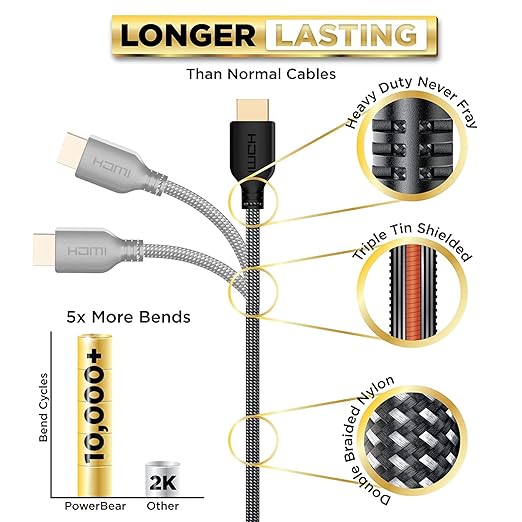 PowerBear 4K HDMI Cable 1 ft | High Speed, Braided Nylon & Gold Connectors, 4K @ 60Hz, Ultra HD, 2K, 1080P, ARC & CL3 Rated | for Laptop, Monitor, PS5, PS4, Xbox One, Fire TV, Apple TV & More