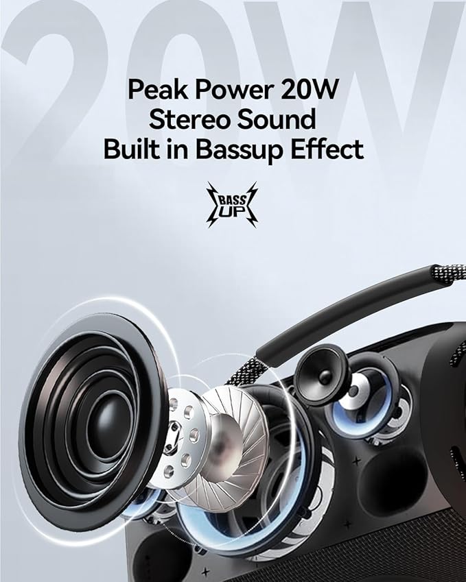 Portable Bluetooth Speaker with Light, Loud Sound and Deep Bass, IPX6 Waterproof, Up to 18H Playtime, TWS Pairing, Support Bluetooth/AUX/USB/TF Card for Home, Party, Outdoor and Travel (Black)