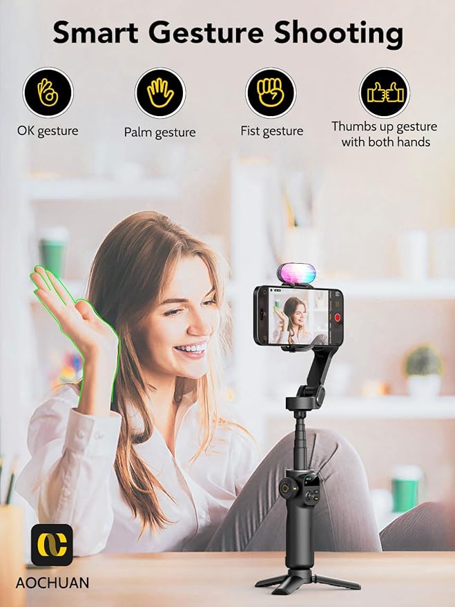 Smart X2 Smartphone Gimbal Stabilizer with 360°Rotation,OLED Display,Built-in 20cm Extension Rod Selfie Stick,Adjustable 7-Color RGB Fill Light, Ideal for Night Video Shoots,X2 KIT Black