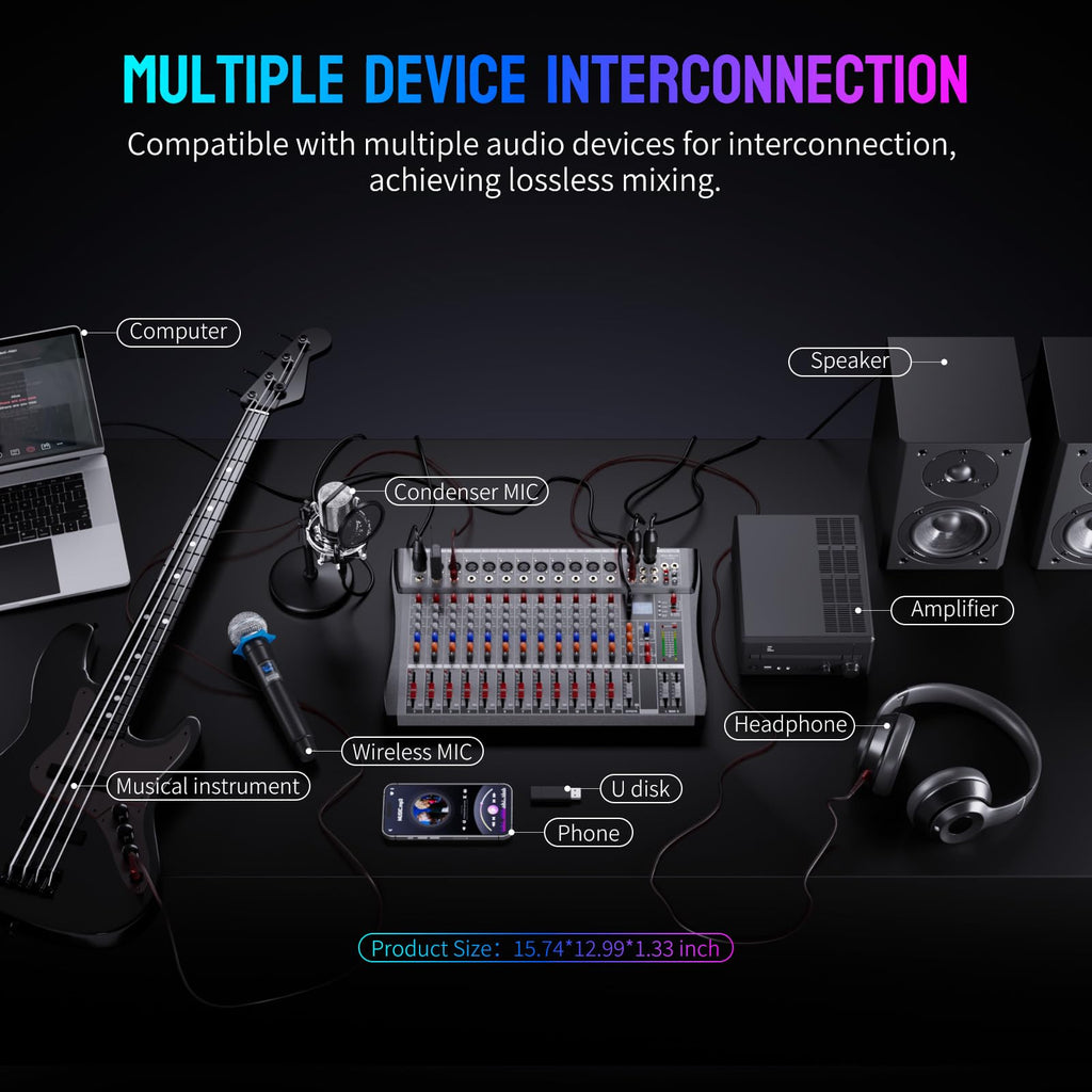 Professional DJ Audio Mixer, 12 Channel Audio Mixer, Bluetooth Sound Mixer, USB Interface, 12 XLR Mic/Line Input, AUX, FX Processor MP3, Headphone,+48V Phantom For Karaoke Studio Streaming Recording