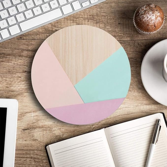 Round Mouse Pad, Wood Pink Green Purple Splice Mouse Pad, Washable Gaming Mousepads with Lycra Cloth, Non-Slip Rubber Base Computer Small Mouse Pads for Wireless Mouse