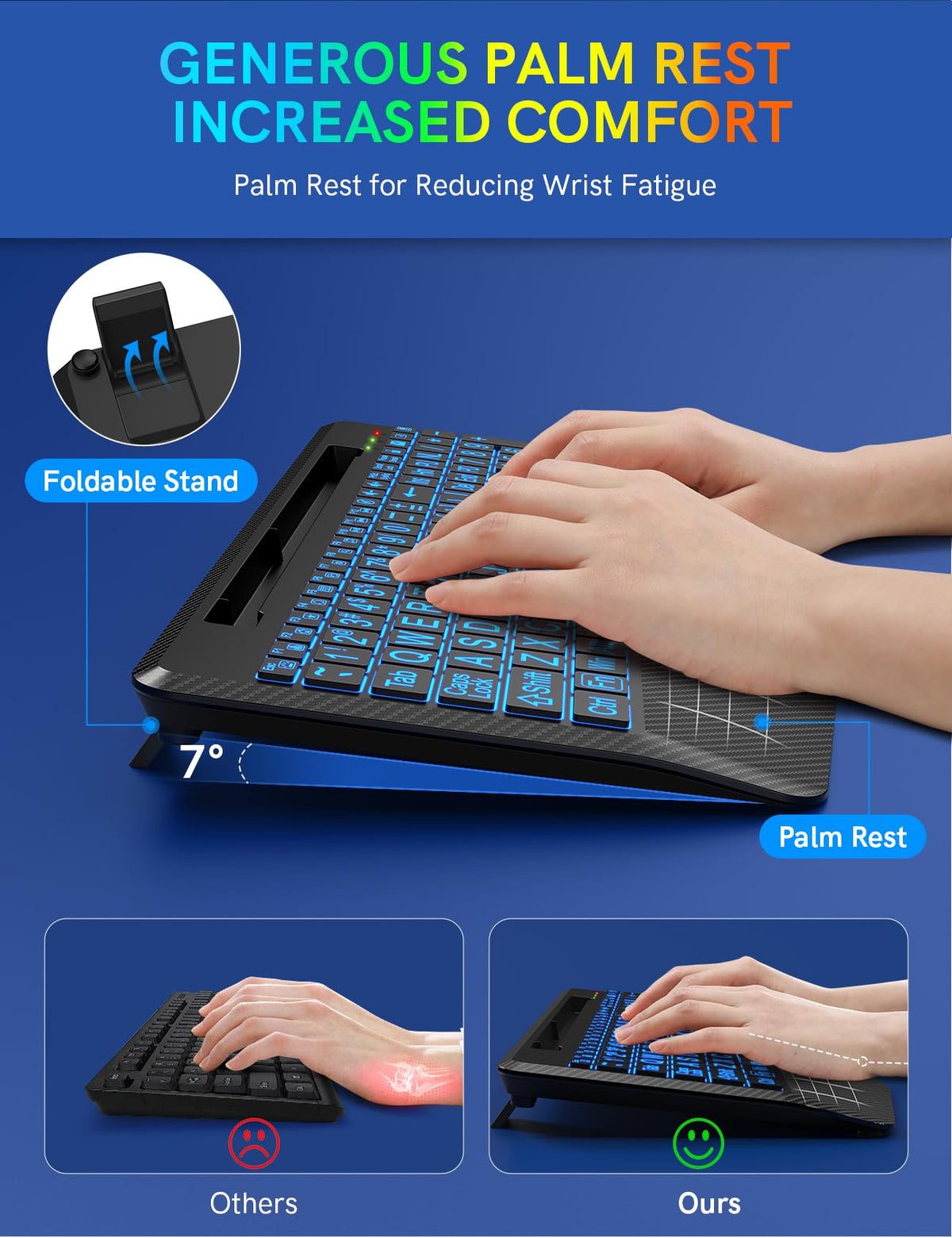 Wireless Keyboard, 7 Colored Backlits, Wrist Rest, Phone Holder-Rose gold