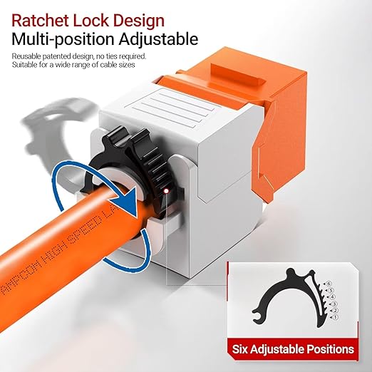AMPCOM CAT6 RJ45 Keystone Jack - Reusable UTP Ethernet Wall Jack with Adjustable Ratchet Lock Design, No Tool and Zip Tie Required - 50u Gold Plated - Orange (6-Pack)