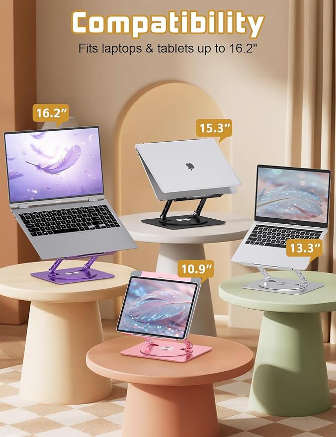 Adjustable Laptop Stand for Desk-360° Rotating Foldable Laptop Holder Ergonomic Laptop Riser for MacBook Pro/Air Dell HP Lenovo Notebook up to 16",Silver