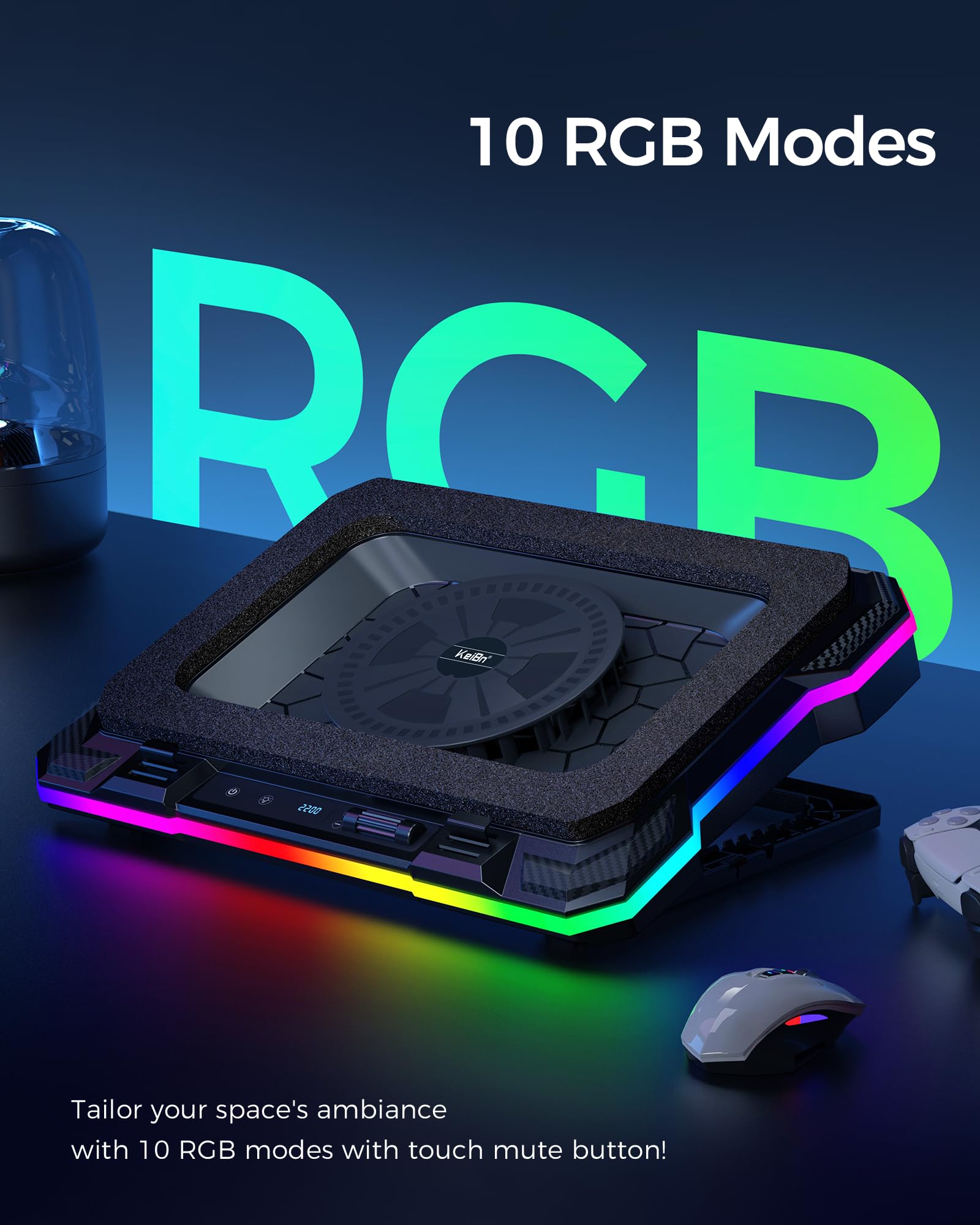 KeiBn Gaming Laptop Cooling Pad, Laptop Cooling Stand with 5.5inch External Cooling Fan, Rapid Cooling Laptop 15.6-19.3inch, Infinitely Variable Speed, 8 Height Stands, 4 USB Ports, Blue