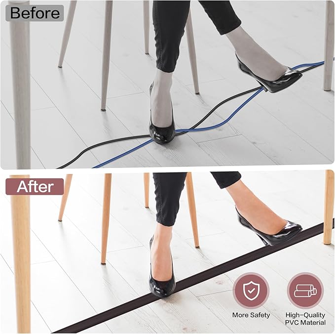 Floor Cord Cover Self Adhesive Cord Hider Floor Extension Cord Covers for Floor Power Cord Protector Cable Management Prevent Cable Trips Cable Cavity 0.47" W x 0.27" H (Dark Walnut, 3.3Ft)
