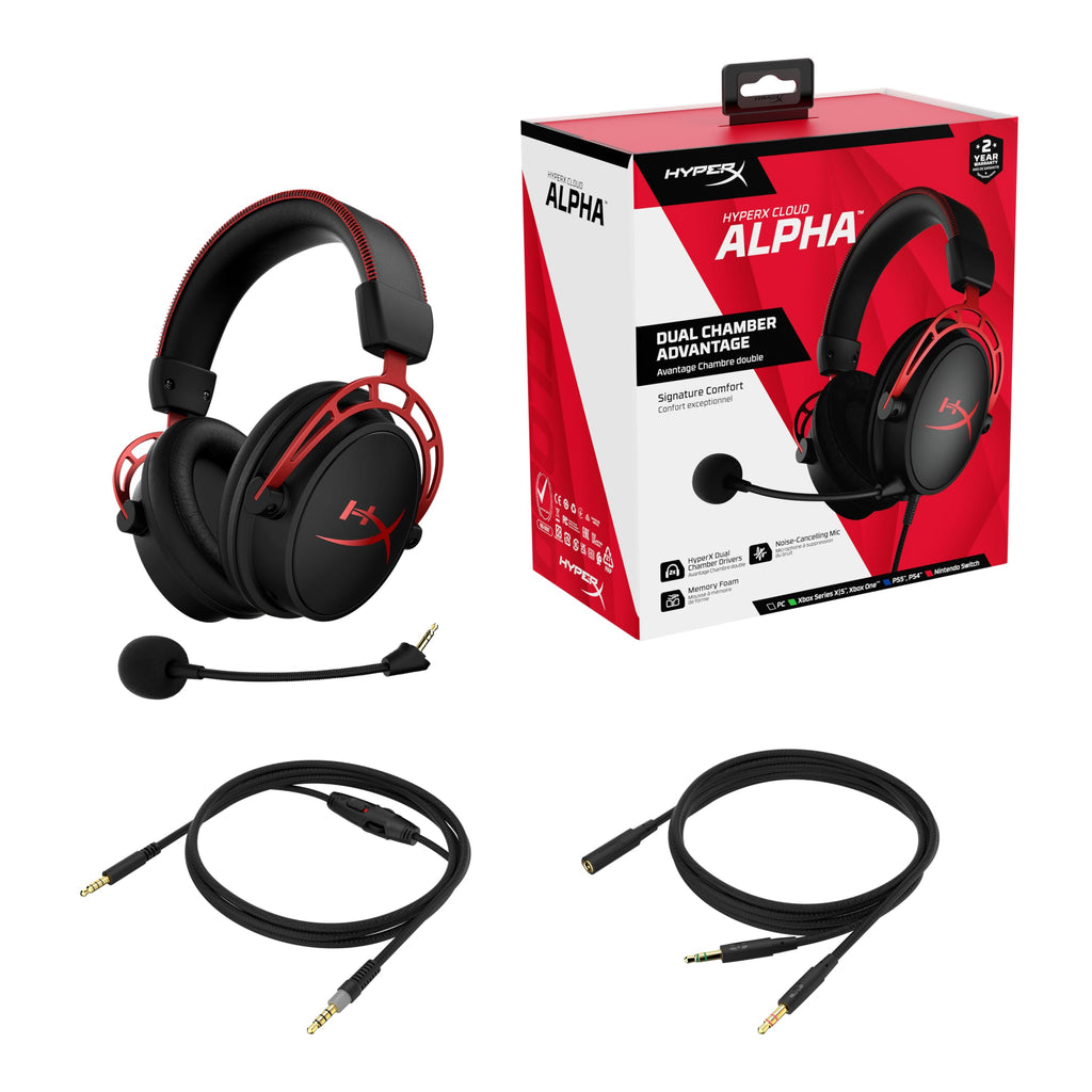 HyperX Cloud Alpha - Gaming Headset, Dual Chamber Drivers, Legendary Comfort, Aluminum Frame, Detachable Microphone, Works on PC, PS4, PS5, Xbox One, Xbox Series X|S, Nintendo Switch and Mobile – Red