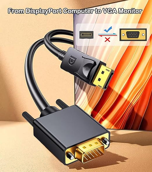 AKWOR DisplayPort to VGA Cable 6FT, Display Port DP to VGA Adapter, 1080P@60Hz Video Cord from Laptop/Computer (DP) to Monitor/Projector (VGA), (Not Bidirectional, Not for HDMI or USB)