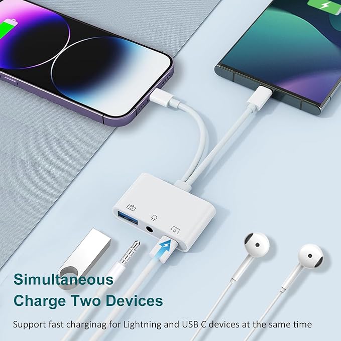 USB-C & Lightning to 3.5mm Headphone Adapter, 3-in-1 USB OTG Camera Adapter & Aux Headphone Splitter, Supports Charging/Audio/Data Transfer for iPhone 16/15/14/13/12, Samsung Galaxy S25/24, Laptops