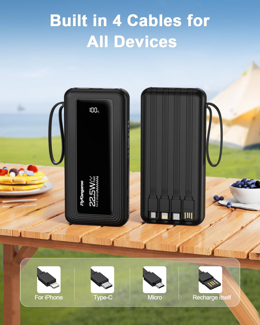 FlyKangaroo Portable Charger with Built in Cables, Slim 10000mAh Fast Charging 22.5W Power Bank USB C LED Display Battery Pack 6 Outputs & 2 Inputs for iPhone Samsung Pixel LG Moto iPad