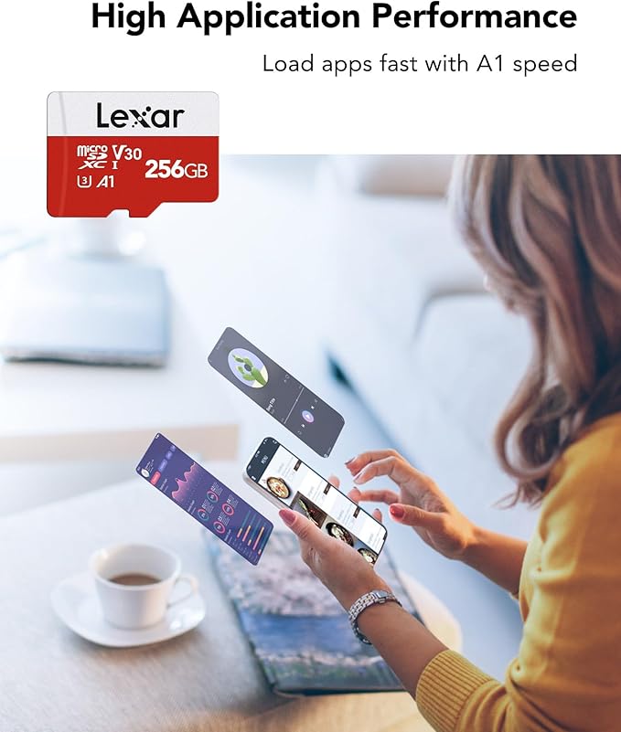 Lexar E-Series 256GB Micro SD Card, microSDXC UHS-I Flash Memory Card with Adapter, 100MB/s, C10, U3, A1, V30, Full HD, 4K UHD, High Speed TF Card