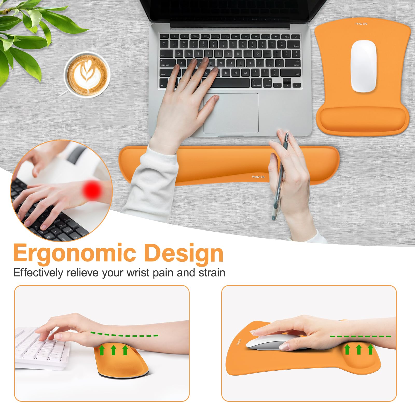 MOSISO Wrist Rest Support for Mouse Pad & Keyboard Set, Ergonomic Mousepad Non-Slip Base Home/Office Pain Relief & Easy Typing Cushion with Neoprene Cloth & Raised Memory Foam, Orange