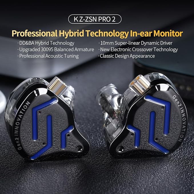 KZ ZSN Pro 2 in-Ear Monitors Headphones Metal Earphones 1BA+1DD Hybrid Technology HiFi Bass Clear Sound IEMs Noise Cancellation Earbuds Wired for Musicians Singer Audiophile(Black,No Mic)