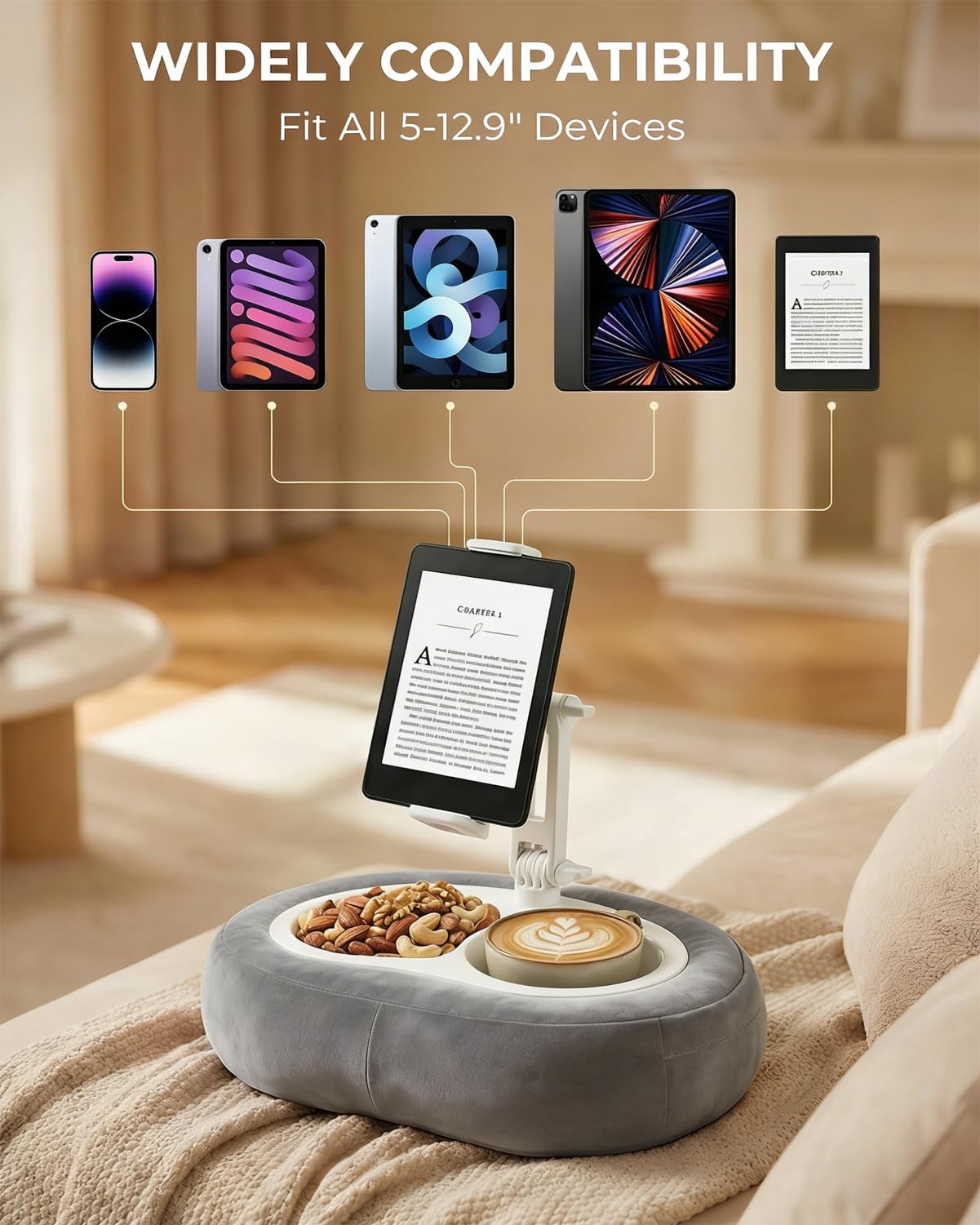 Miledi Tablet Pillow Stand for Bed with 360° Rotating Holder, Gray