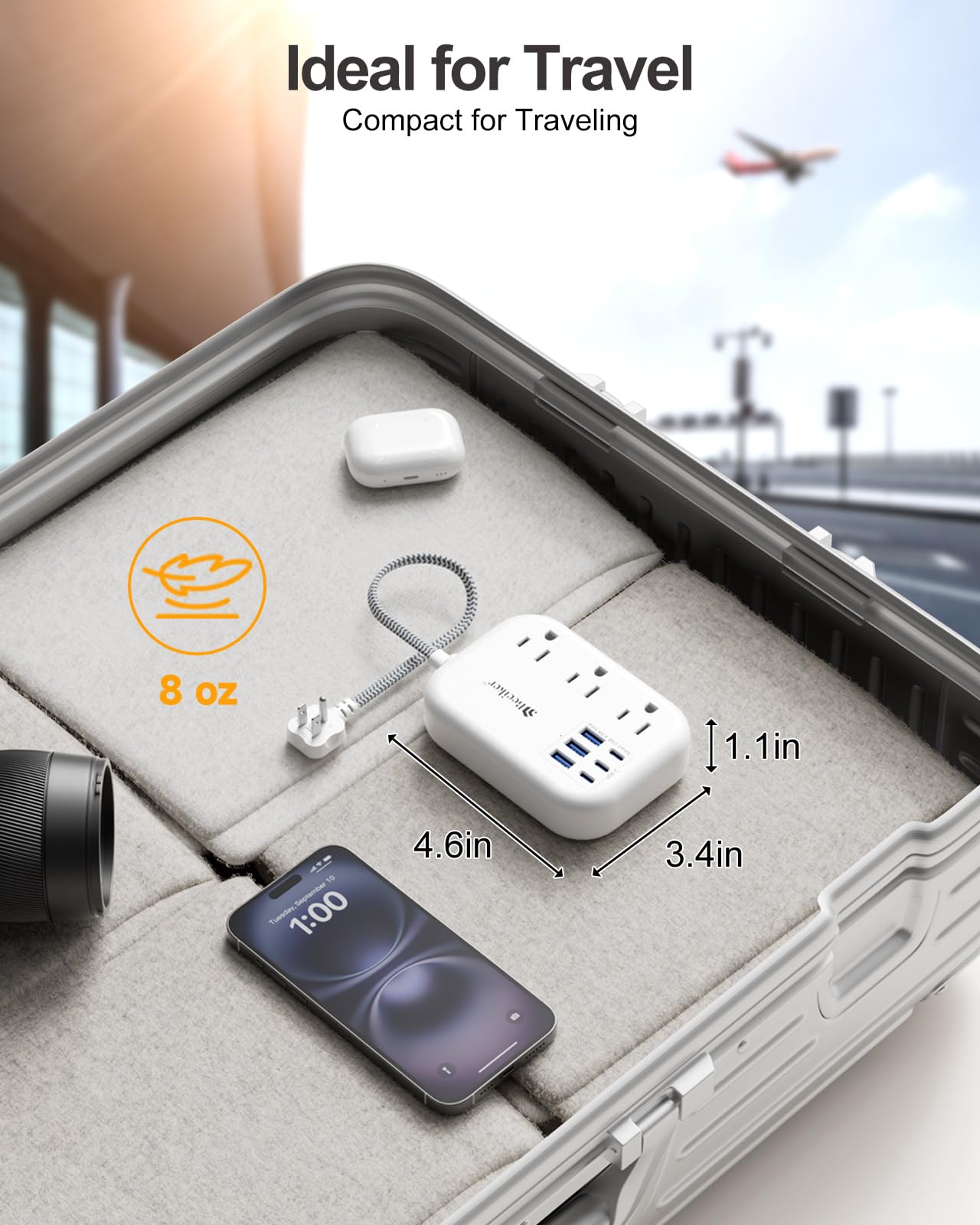 Beeiker Short Extension Cord 2 Foot Travel Power Strip 6 USB 3 Outlets