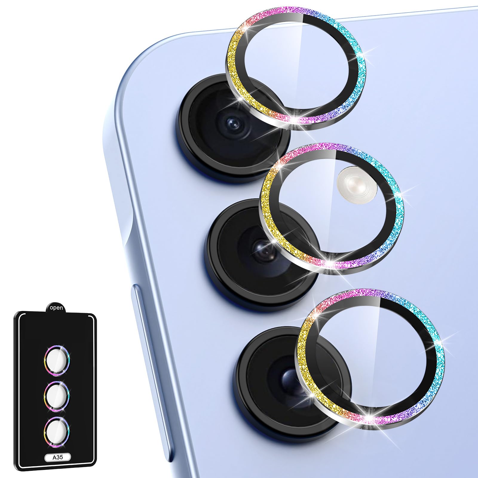 Avocase for Samsung Galaxy A35 5G Camera Lens Protector, Individual Metal Ring Tempered Glass Lens Cover, [Strong Adsorption] Scratch Resistant Ultra-Thin HD Clear Lens Cover, 1 Set-Colorful Sparkly