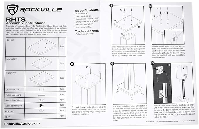 Rockville Pair RHTSB 36 Inch Bookshelf Speaker Stands, High-Performance Wood, Cable Management, Dual Platform Sizes, for Home Theater and Studio Monitors