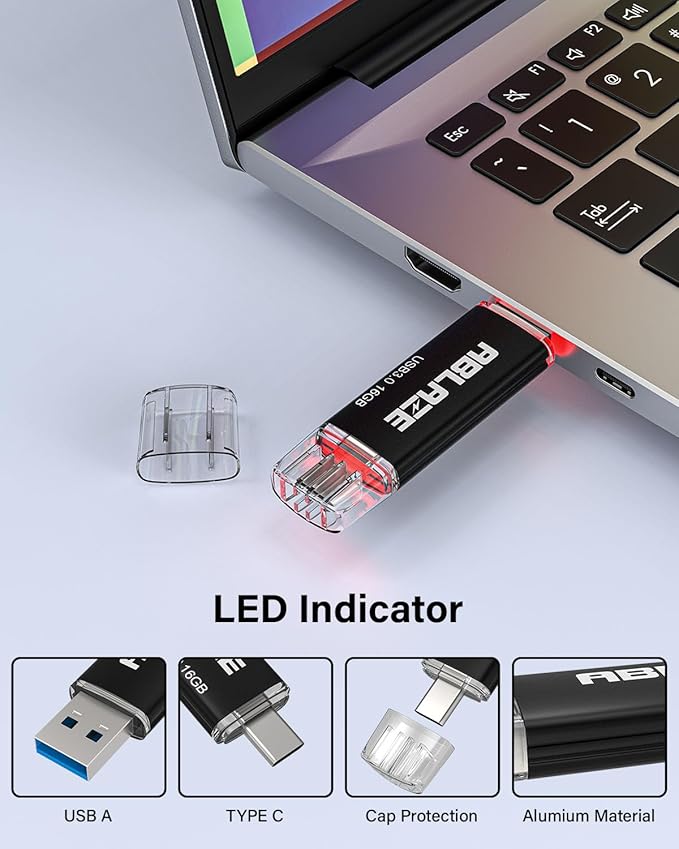ABLAZE Type C Flash Drive 16GB, Dual USB 3.0+ USB C Flash Drive Compatible with iPhone 16/15,Android Smartphone,Computer,Tablet Mac Laptop