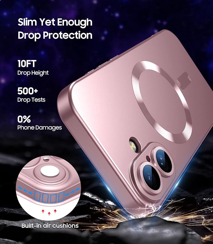 Magnetic for iPhone 16 Plus Case [Compatible with MagSafe][Built-in Camera Lens Protector] Slim Soft Silicone Bumper Shockproof Metallic Luster Phone Case (Rose Gold)