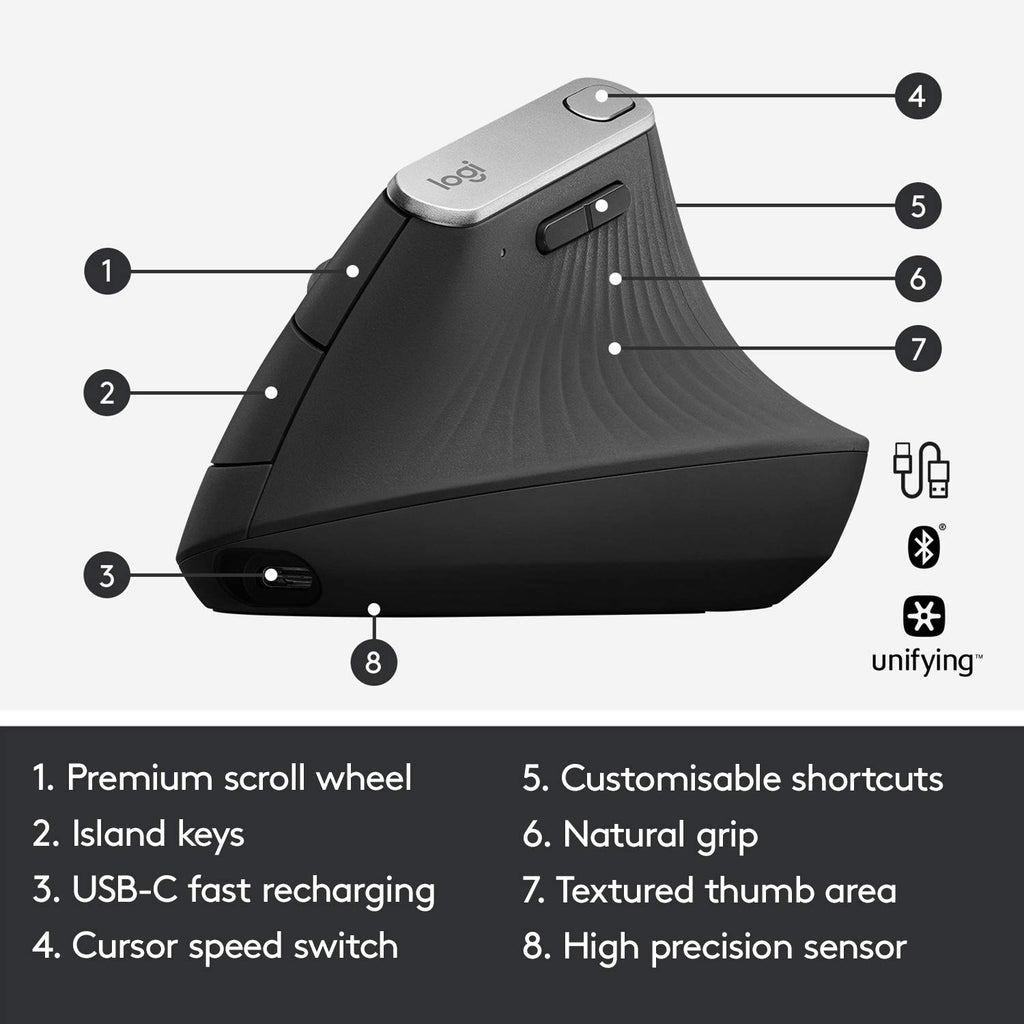 Logitech MX Vertical Wireless Mouse Ergonomic Design - Graphite