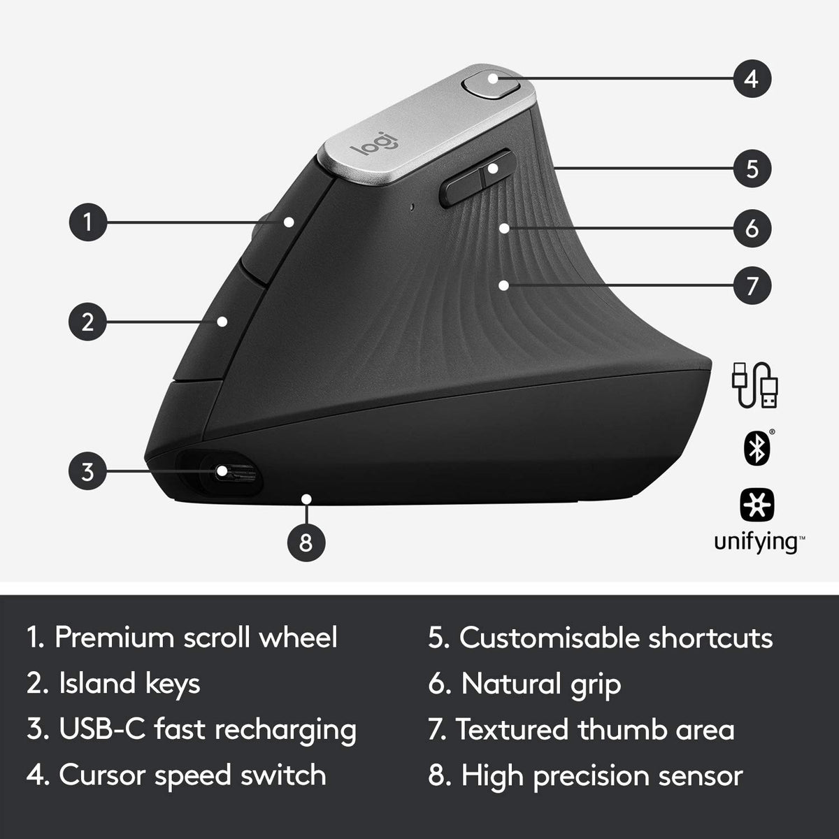 Logitech MX Vertical Wireless Mouse Ergonomic Design - Graphite