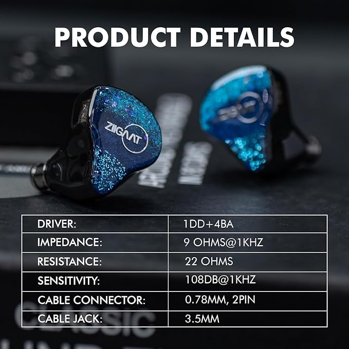 Linsoul ZiiGaat x Fresh Reviews Arete in Ear Monitor, 1DD+4BA Hybrid Earphone IEM, Wired Gaming Earbuds, Studio Monitor Tunning, with Detachable IEM Cable for Musician Audiophile (Blue)