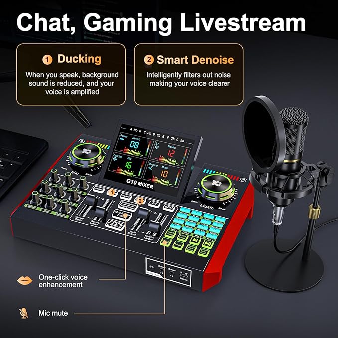 Podcast Microphone Bundle with Live Sound Card Audio Mixer, Podcast Equipment Bundle with 3.5mm BM800 Microphone for Pc/Youtube Live Streaming Singing Gaming, Sound Board with Voice Changer, Denoise
