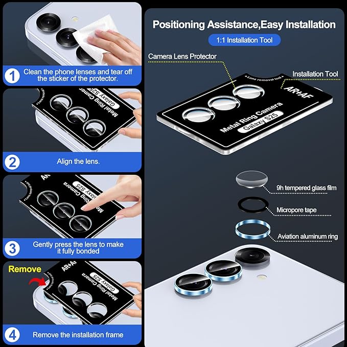 for Samsung Galaxy S25 Camera Lens Protector, Individual Metal Ring Tempered Glass Lens Cover, [Strong Adsorption] Scratch Resistant Ultra-Thin HD Clear Lens Cover, 1 Set-Blue Ring