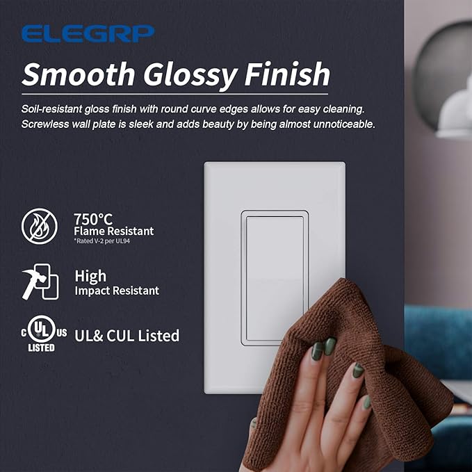 ELEGRP 1-Gang Screwless Decorator Wall Plates, Standard Size Unbreakable Thermoplastic Faceplate Cover for Decorator Receptacle Outlet Switch, UL Listed (50 Pack, Glossy White)