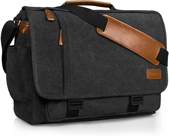 ESTARER Men Messenger Bag 15.6 inch, Water-resistant Canvas Computer Work Bag, Laptop Shoulder Bag Briefcase Satchel, Dark Grey