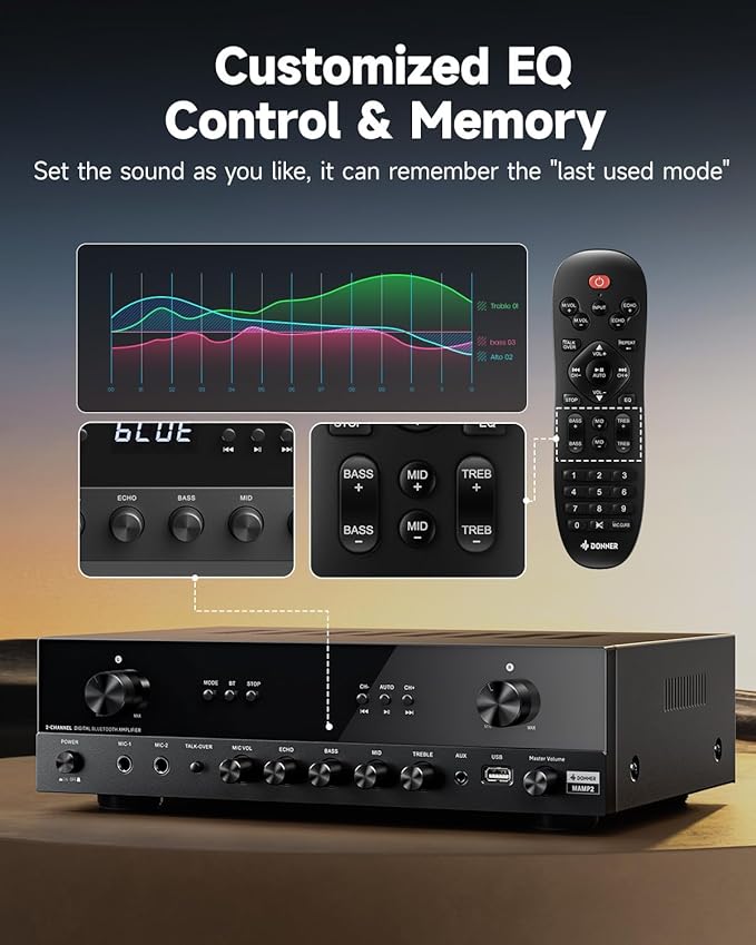 Donner Stereo Audio Amplifier, 600W Peak 2 Channel Receiver with Bluetooth 5.3, Phono, Optical, Coaxial, USB, FM, 2 Mic-in, Aux, RCA Input for Home, Karaoke, Theater Speakers, MAMP2