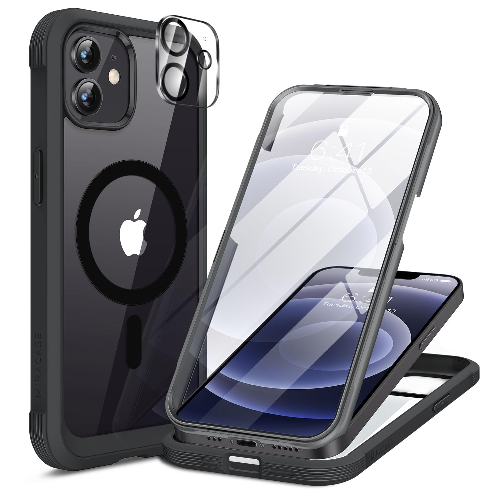 Miracase for iPhone 13 Case 6.1'',Full-Body Magnetic Clear Bumper Case with Built-in 9H Tempered Glass Screen Protector,Military Drop Protection Outdoor Phone Case — iPhone 12/12Pro