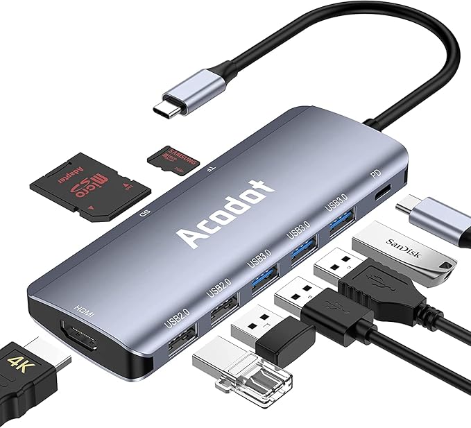 USB C Hub, Acodot 9 in 1 Type C Hub Adapter Portable Docking Station Aluminum Dongle Compatible with MacBook Pro/Thunderbolt 3 Laptops of Type C Devices, with 4K HDMI/ 5 USB Ports/ 100W PD/SD/TF