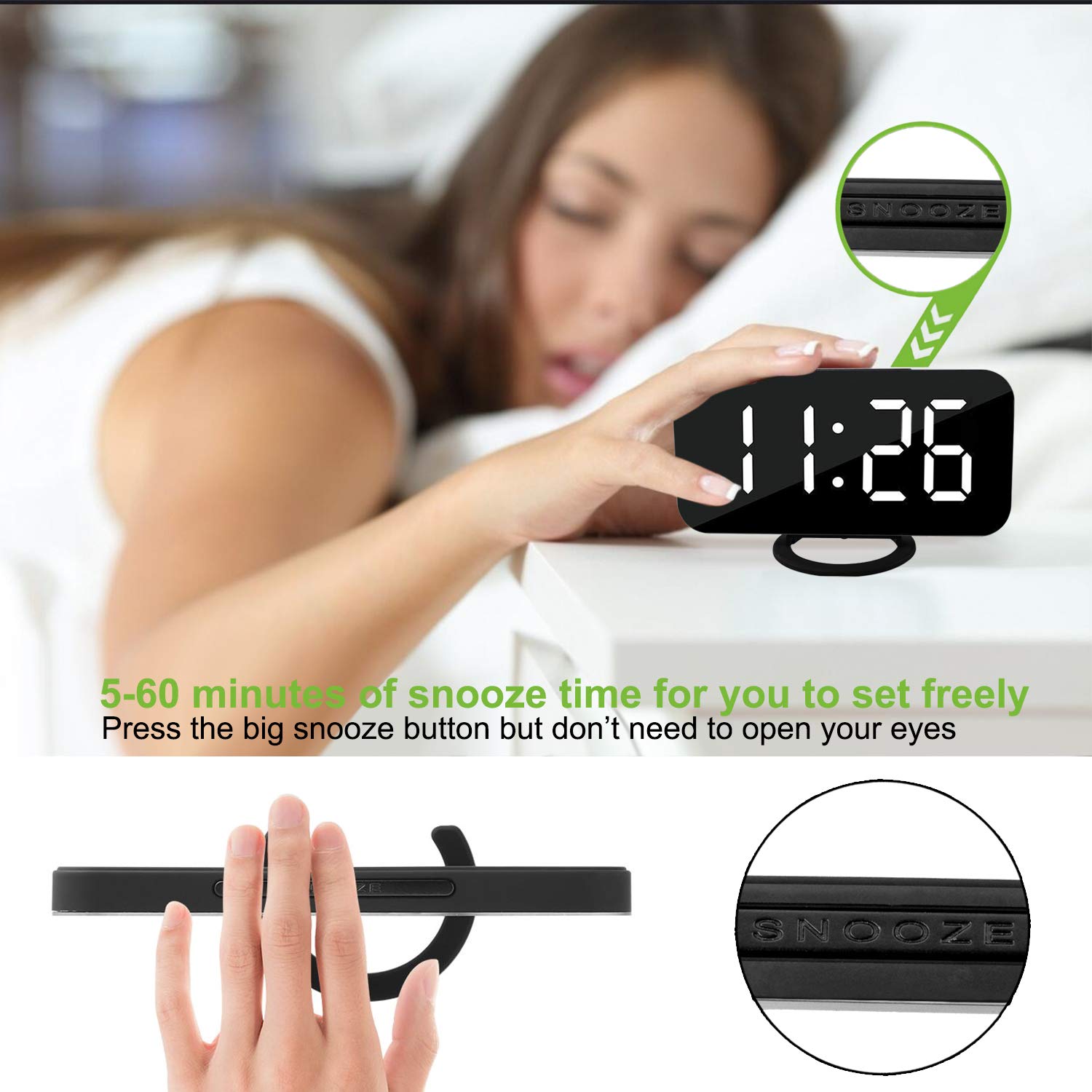 SZELAM Digital Clock Large Display, LED Alarm Electric Clocks Mirror Surface for Makeup with Diming Mode, 3 Levels Brightness, Dual USB Ports Modern Decoration for Home Bedroom Decor-Black