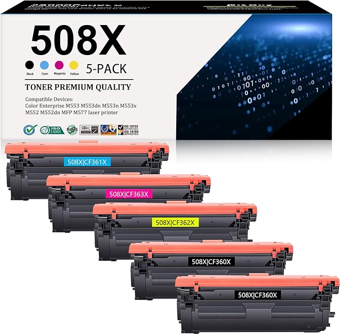 508X Toner Cartridge Combo Pack (5-Pack, 2Black/1Cyan/1Magenta/1Yellow) Replacement for HP 508X 508A 508 Toner CF360X CF361X CF362X CF363X Compatible for M553 M552 553 MFP M577 Series Printer