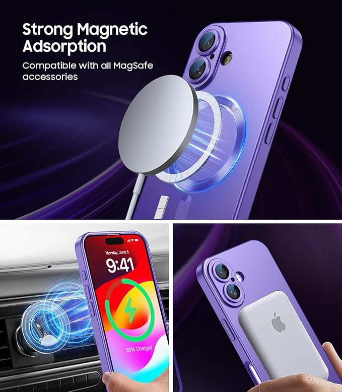 LEKEVO Magnetic for iPhone 16 Plus Case [Compatible with MagSafe][Built-in Camera Lens Protector] Slim Soft Silicone Bumper Shockproof Metallic Luster Phone Case (Purple)