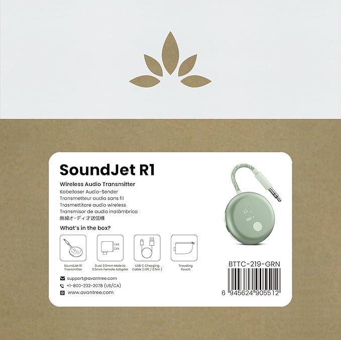 Avantree SoundJet R1 – Airplane Bluetooth Adapter for Headphones & AirPods, aptX Adaptive, Qualcomm Chipset, 20H Battery, Wireless Audio Transmitter for in-Flight Travel Essentials - Green