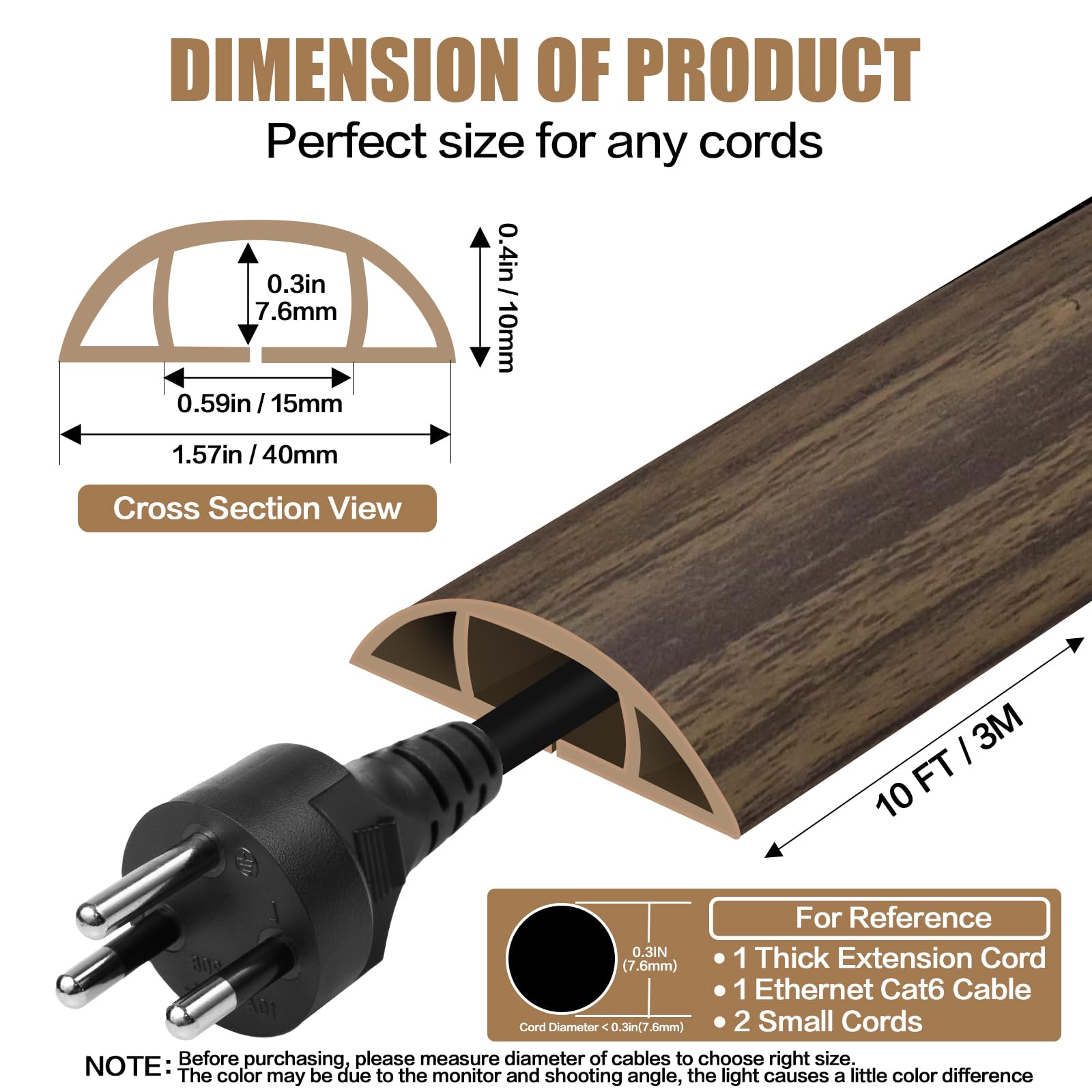 Floor Cord Cover Self Adhesive Cord Hider,10FT Cable Management, Extension Strip Protector for Wires, Prevent Cable Trips for Offices, Gyms, Exhibitions Cavity:0.51"(W) x 0.3"(H) Wood Walnut