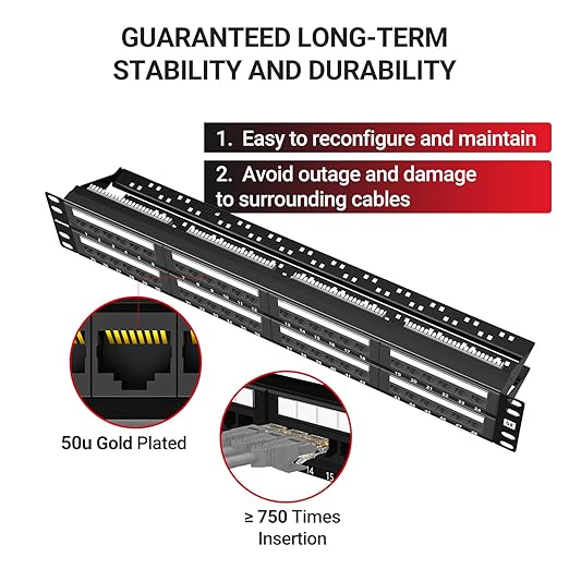 AMPCOM Premium Series CAT5/5e 48 Ports Patch Panel, Rack Mount - 2U, 19 inch, RJ45 Ethernet 568A 568B, 30u Gold Plated, with Rear Cable Support Bar