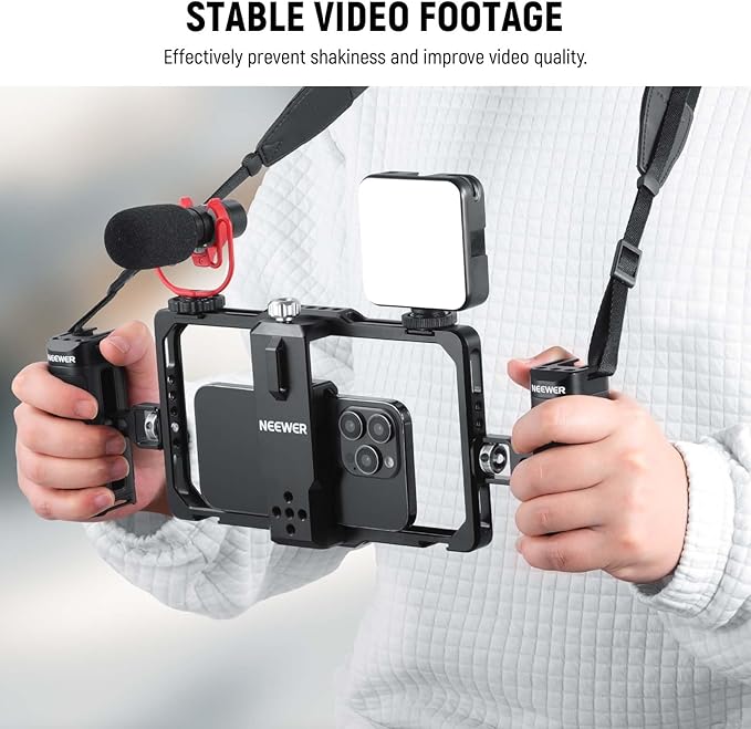 NEEWER Smartphone Video Rig with Neck Strap/Dual Handle/Lavalier Mic Clip Slot Compatible with SmallRig Video Recording Phone Cage Stabilizer for iPhone 16 15 Pro Max Galaxy S23 Pixel 8 Pro, PA009S