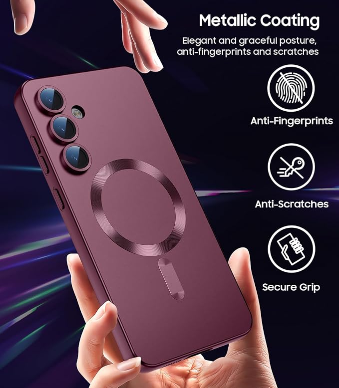 Magnetic for Samsung Galaxy S25 Plus Case [Compatible with MagSafe][Built-in Camera Lens Protector] Slim Soft Silicone Bumper Shockproof Metallic Luster Phone Shell (Burgundy)