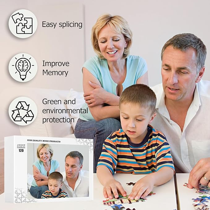 Custom Puzzles from Photos, Personalized Natural Wood Puzzle with 120/200/300/500/1000 Pieces, Customized Jigsaw Create Timeless Memories for Adults, Family, Father's Day, Lover, Pet