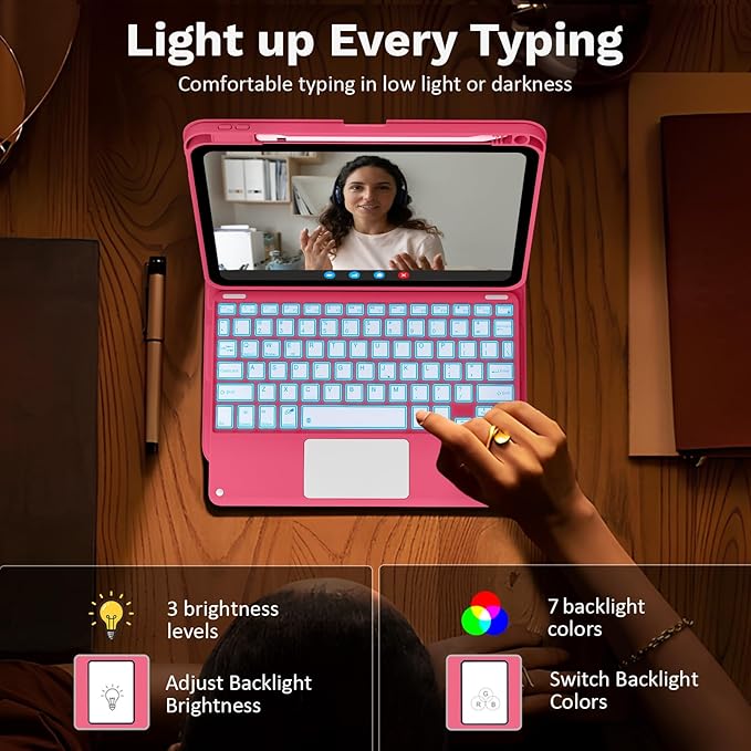 MoKo Touch Keyboard Case for iPad (A16) 11th Generation 11 inch 2025, iPad 10th Generation 10.9 inch Case with Pencil Holder, 7 Colors Backlit Multi-TrackPad Detachable Bluetooth Keyboard, Pink