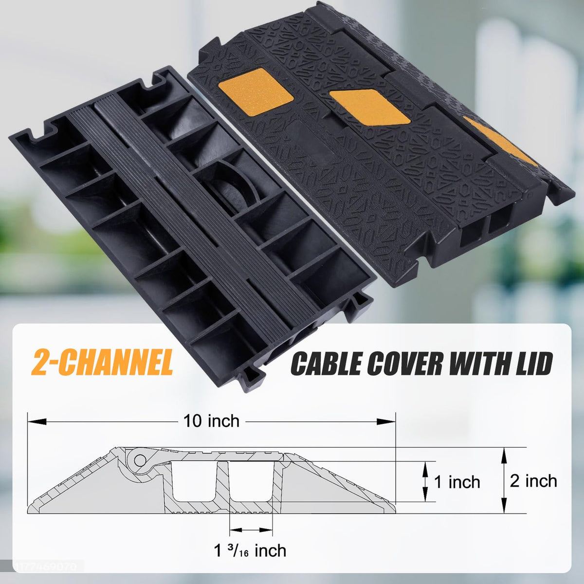 OranLite 6 Pack 2-Channel Rubber Cable Protector Ramp, 17" x 10" x 1.8" inch Interlocking Floor Wire Cord Cable Cover, Visible at Night, Durable Rubber Speed Bump Hump Ramp (2-Channel 6 Pack)