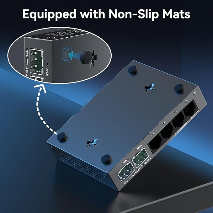 6 Port 2.5Gb Web Managed Switch,4 x 2.5GbE Ports,2 x 10G SFP+,Web Managed with Link Aggregation/VLAN/QOS, Metal Fanless Home Lab Network Switch