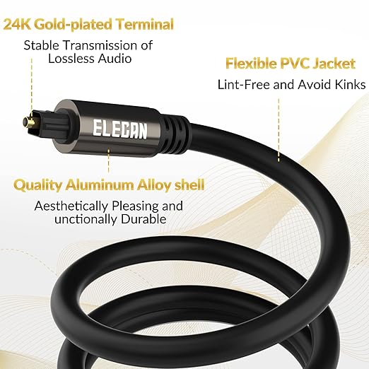 Elecan Optical Audio Cable 20 Ft Digital Audio Toslink Cable Cord-Fiber Optic-Gold Plated-Flexiable&Durable-for Home Theater,Sound Bar,PS4&Xbox-with 4 Right Angled and Mini Toslink Adapters+Ties