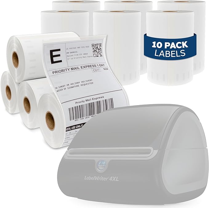 4x6 Thermal Labels Roll - Compatible with Dymo 4XL or Rollo 4x6, Perforated Strong Adhesive, Replaces Dymo 1744907, 250 Per Roll(10 Rolls | 2500 Labels)