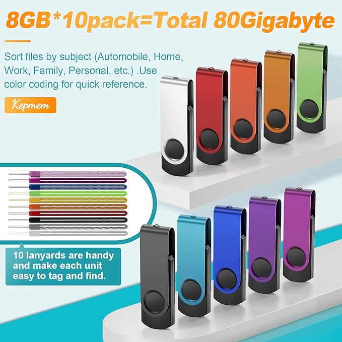 Kepmem 16GB USB 3.0 Multipack - 10pcs Thumb Drives, Metal, Swivel, Zip, Pendrives with Ropes