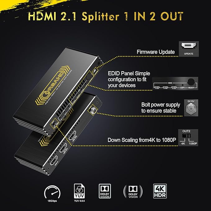 8K@60Hz 4K@120Hz HDMI 2.1 Splitter 1 in 2 Out,48 Gbps,HDCP 2.3,Supports VRR,ALLM,HDCP Bypass,EDID,Duplicate/Mirror/Copy,Downscale,HDR,Dolby Vision Atmos,Soundbar